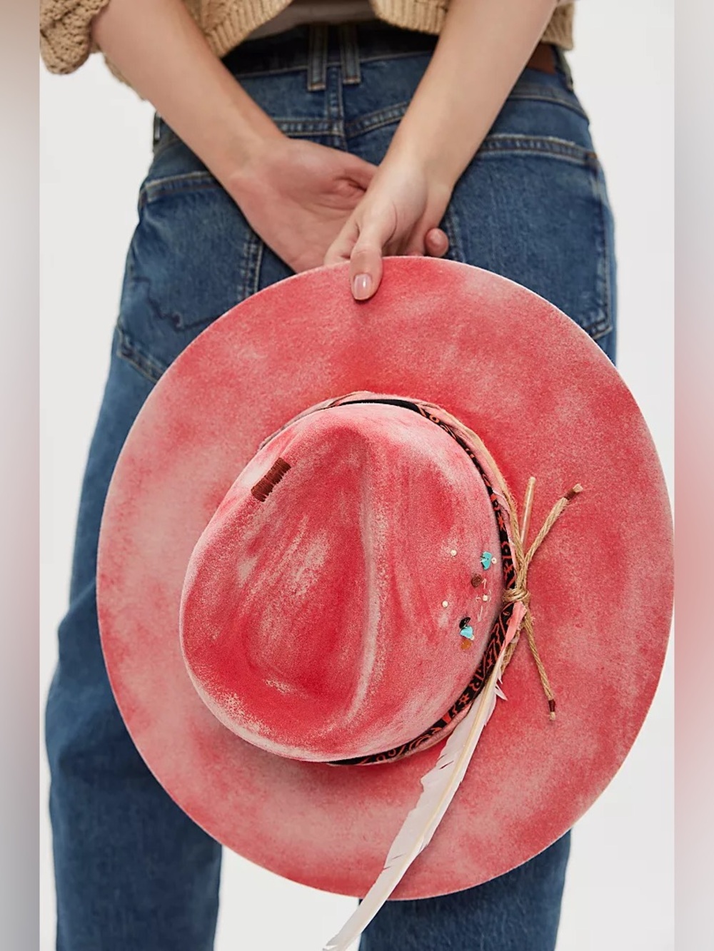 New Free People FP Pink Cami Washed Brim Embossed Jeweled Cowboy Western Hat